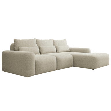 A contemporary modular sectional sofa upholstered in a light beige textured fabric. The sofa features a low-profile design with soft, rounded edges on its arms and base. It is comprised of multiple units, including a main seating section and an extended chaise lounge component. The backrests are defined by loose, rectangular cushions, and several smaller lumbar-style throw pillows are included for additional comfort. The overall aesthetic is modern and minimalist, designed for comfortable lounging. — 3D model (AI enhanced source)