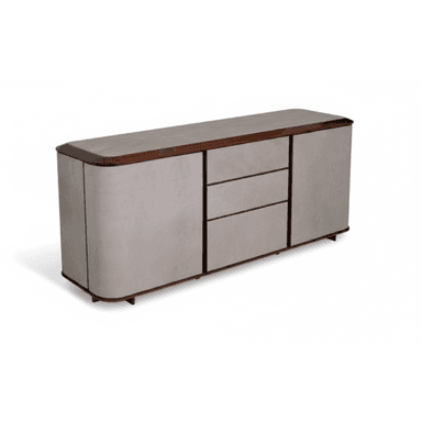 A long, low credenza or sideboard featuring a light-colored parchment-clad body with elegantly rounded corners. It has a contrasting dark-stained wood top, base, and trim. The front facade includes three central drawers flanked by two hinged cabinet doors, all without visible handles for a sleek look. — 3D model (AI enhanced source)
