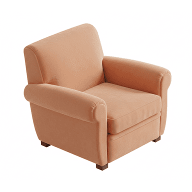 A plush, upholstered single-seater armchair featuring rolled arms and a separate, removable seat cushion. The chair is covered in a soft, peach-colored fabric, possibly velvet or a similar textile, and rests on short, dark wooden block feet. The backrest is gently curved, offering a comfortable and inviting appearance. — 3D model (AI enhanced source)