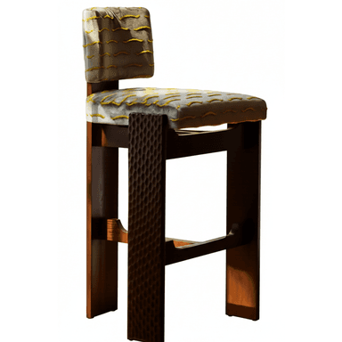 A bar stool with a dark wood frame and upholstered seat and backrest. The seat and backrest are covered in a light-colored fabric with a decorative yellow pattern. The front legs feature a textured, honeycomb-like carving. — 3D model (AI enhanced source)