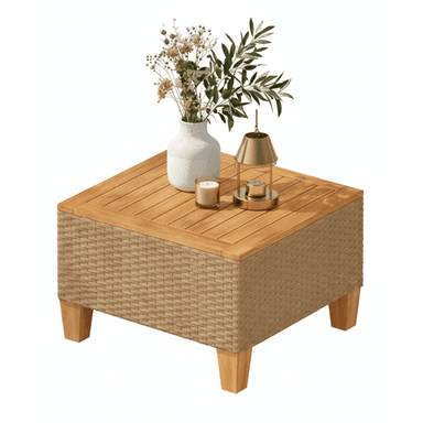 A square side table featuring a slatted wooden top and a woven rattan-style body, supported by four sturdy wooden block legs. — 3D model (AI enhanced source)