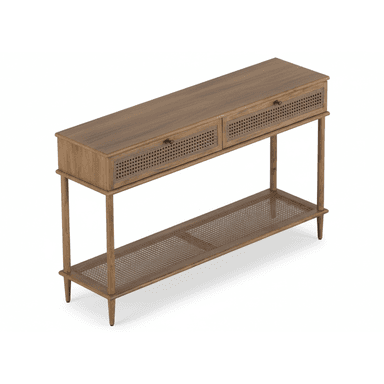 A long, narrow console table made of light-toned wood, featuring two drawers with cane webbing fronts and a lower open shelf also made of cane webbing. The table has slender, tapered legs. — 3D model (AI enhanced source)