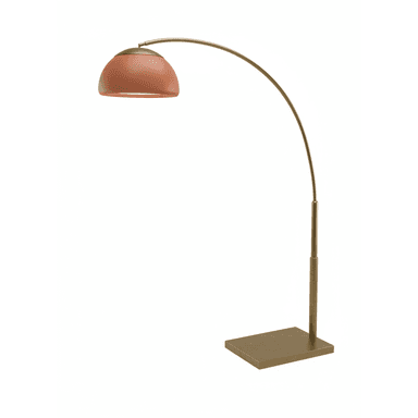A modern arc floor lamp featuring a slender, arching brass-toned metal arm and a distinctive terracotta-colored dome shade. The lamp stands on a rectangular base of matching brass-toned metal, providing stability. Its design allows the light source to extend over a seating area, making it suitable for ambient or task lighting in contemporary interiors. The shade has a smooth, matte finish, contrasting with the metallic sheen of the frame. — 3D model (AI enhanced source)