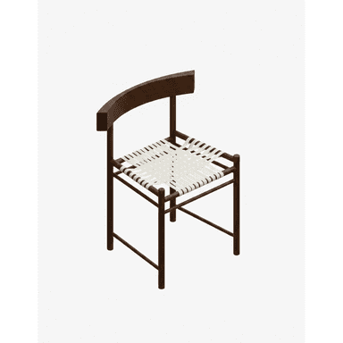 An armless modern side chair featuring a dark-stained solid wood frame and a seat woven with white straps. The backrest is a gently curved, solid piece of wood. The chair exhibits clean lines and a minimalist aesthetic. — 3D model (AI enhanced source)