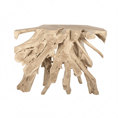 A striking accent table constructed from a substantial, natural wood root system. The design features an irregular, organically shaped top surface supported by a complex arrangement of intertwined roots that form the base. The raw, unrefined texture of the wood is preserved, highlighting the natural contours and variations of the root structure. — 3D model (AI enhanced source)