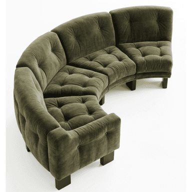 A large, modular curved sectional sofa upholstered in a plush olive green velvet fabric. The sofa is composed of multiple individual seating units that connect to form a sweeping curve. Both the seat cushions and the backrests feature deep button tufting, contributing to a soft, inviting aesthetic. The sofa rests on discreet, short, dark-colored block legs. — 3D model (AI enhanced source)