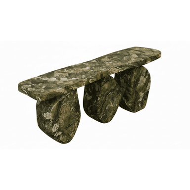 A contemporary bench crafted entirely from green and white veined marble, featuring a rectangular top slab supported by three substantial, organically shaped pillar legs. — 3D model (AI enhanced source)