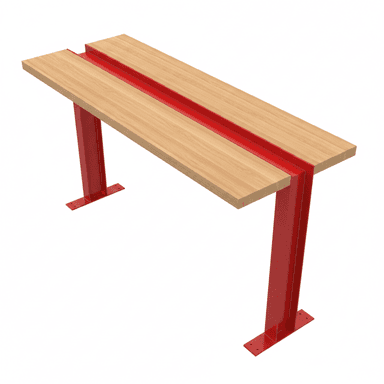 A long bench featuring a light-colored wooden top and a vibrant red metal frame. The wooden top is composed of two planks separated by a central red metal channel. The frame consists of two sturdy, upright red metal supports that resemble I-beams, each with a flat base plate designed for anchoring to the ground. — 3D model (AI enhanced source)