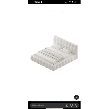 A modern platform bed featuring a distinctive upholstered design with soft, bulbous sections forming both the headboard and the surrounding frame, in a light, textured fabric. — 3D model (AI enhanced source)