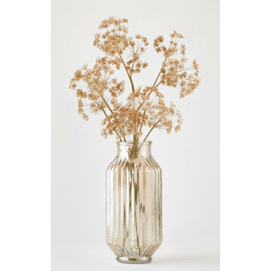 A decorative silvered glass vase with a fluted texture, holding an arrangement of dried, light brown umbelliferous flowers. The vase has a classic bottle shape with a narrow neck, wider body, and a reflective metallic finish. — 3D model (AI enhanced source)