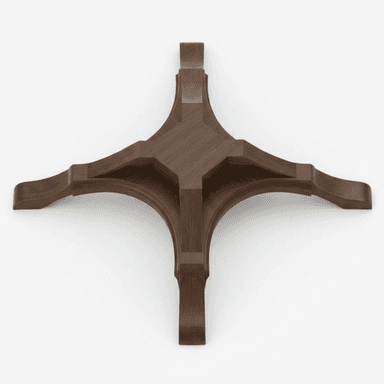 A dark wood table base featuring a central pedestal from which four intricately carved legs extend outwards, characterized by arched profiles and stepped detailing, suggesting a traditional or gothic style. — 3D model (AI enhanced source)