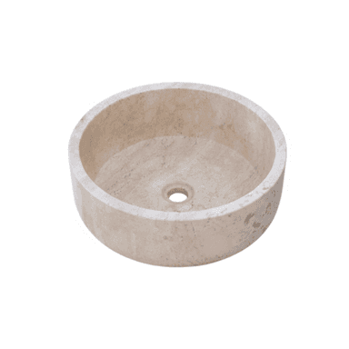 A round, light beige or cream-colored vessel sink crafted from natural travertine stone, featuring distinct linear veining patterns and a central drain hole. The basin presents a thick, uniform rim and a smoothly polished interior and exterior surface, designed for surface mounting. — 3D model (AI enhanced source)