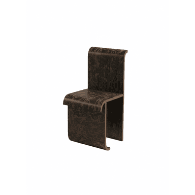 A minimalist, armless side chair constructed from a single piece of bent plywood, featuring a distinctive dark brown burl wood finish with swirling lighter brown patterns. The chair exhibits smooth, continuous curves that form the backrest, seat, and base, creating a sleek, sculptural silhouette. Its design emphasizes form and material. — 3D model (AI enhanced source)