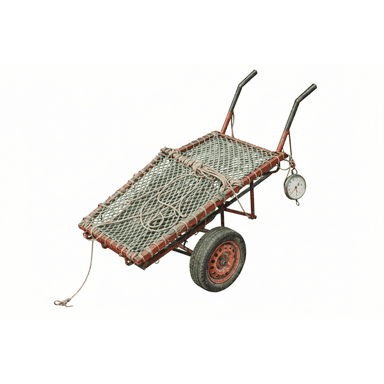A robust, single-wheeled hand cart with a red-painted metal frame, a large rubber tire, and two black-handled pushing bars. Its bed is covered with a green-colored net, secured by thicker natural fiber ropes. A circular hanging scale with a white face and red pointer is suspended from the frame. The entire object shows signs of wear, rust, and heavy use. — 3D model (AI enhanced source)