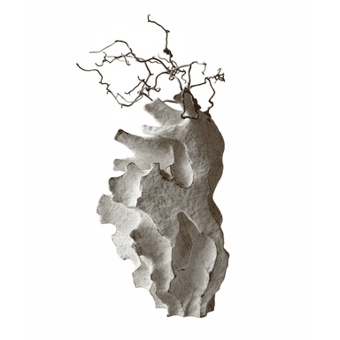 An abstract sculpture featuring a layered, biomorphic body with an organic, uneven surface texture, made from what appears to be unglazed ceramic or a similar composite material. From the top of the sculpture emerge several intricate, dried, and gnarled branch-like elements, creating a dynamic contrast between the solid base and the delicate, wiry extensions. The overall form suggests an organic growth or a natural geological formation. — 3D model (AI enhanced source)