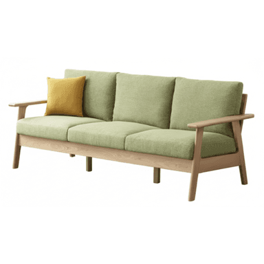 A modern three-seater sofa featuring a light green fabric upholstery and a prominent exposed light-toned wooden frame. It includes three individual seat cushions and three back cushions, with wide, flat wooden armrests and subtly splayed legs. A single yellow accent pillow is visible on the left side. — 3D model (AI enhanced source)