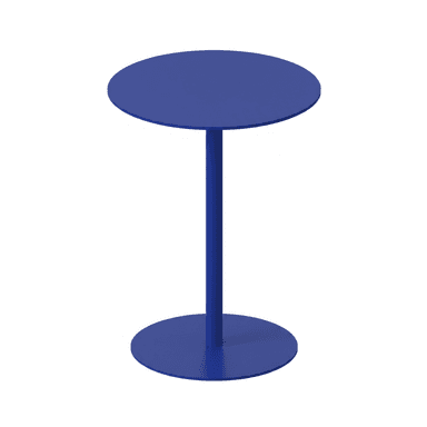 A modern side table with a circular tabletop and a single pedestal base, also circular. The table has a minimalist design and is finished in a solid matte blue color. — 3D model (AI enhanced source)