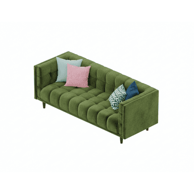 A modern green velvet sofa featuring channel tufting, straight track arms, and tapered wooden legs, presented with three contrasting throw pillows. — 3D model (AI enhanced source)
