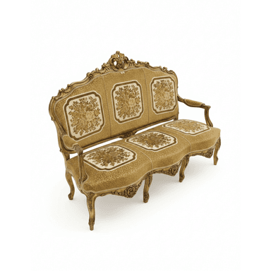 An ornate, gilded three-seater sofa characterized by its elaborate carved wood frame and patterned floral upholstery. The sofa features a curvilinear backrest and armrests, traditional cabriole legs, and individual seat and back cushions adorned with distinct floral motifs. — 3D model (AI enhanced source)