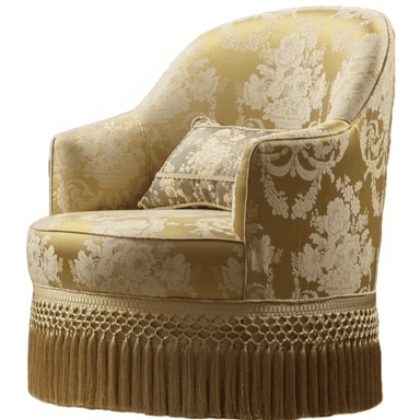 A luxurious upholstered armchair featuring a barrel-back design, rounded arms, and a full skirt with a decorative fringe. The chair is covered in a golden-yellow jacquard or brocade fabric with an intricate floral pattern in a lighter tone. A small decorative cushion in a complementary pattern rests on the seat. — 3D model (AI enhanced source)