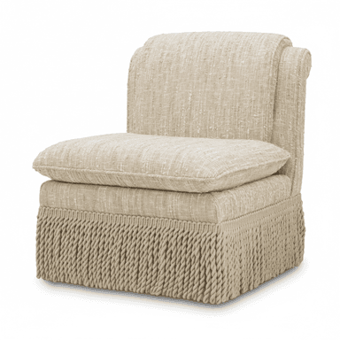 An upholstered armless slipper chair featuring a thick, textured light beige fabric. It has a single, plush seat cushion and a distinctive skirt composed of thick, braided rope-like fringe around the base, concealing the legs. — 3D model (AI enhanced source)
