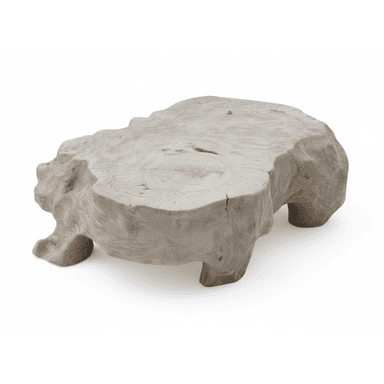 A coffee table crafted from a single, substantial piece of natural wood, likely a tree stump or root system. It features an irregular, organic silhouette with a flat top surface displaying visible wood grain, growth rings, and minor cracks. The base is formed by integrated, sculpted legs that emerge from the main body of the wood, maintaining the raw, natural aesthetic. — 3D model (AI enhanced source)