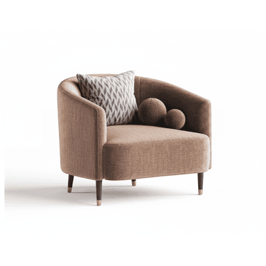 A modern tub-style armchair upholstered in a textured light brown fabric, featuring a curved back and arms that seamlessly integrate into a single form. It is supported by four dark, tapered legs adorned with brass ferrules at the base. The chair includes a patterned square throw pillow and two spherical decorative cushions in a matching fabric. — 3D model (AI enhanced source)