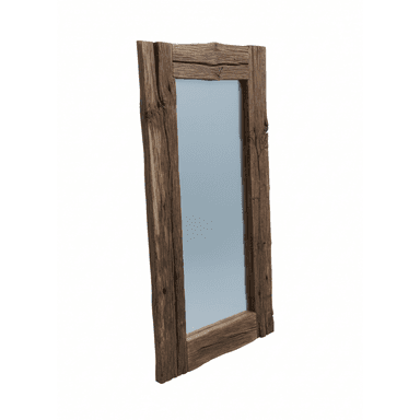 A rectangular mirror with a frame made of rough, weathered wood. The wood appears to be reclaimed, showing natural imperfections, knots, and a rustic texture. The frame has an uneven, organic edge, contributing to its primitive style. The mirror surface is flat and reflective. — 3D model (AI enhanced source)