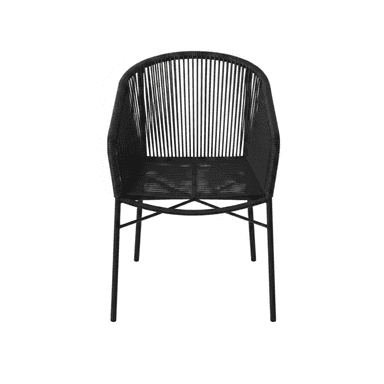 A contemporary black dining chair featuring a slender metal frame and a body constructed from tightly woven synthetic rope. The chair has a gently curved backrest and integrated armrests, all formed by the vertical rope weave, providing a lightweight yet sturdy appearance. The seat is also woven with horizontal rope strands. The chair's design is minimalist and sleek, suitable for modern interior or exterior settings. — 3D model (AI enhanced source)