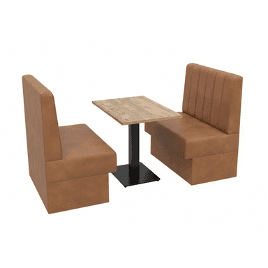A set of two booth seats with a central table. The booth seats are upholstered in a brown, textured material and feature vertical tufting on the backrests. The table has a rectangular top made of wood planks and a black metal pedestal base. — 3D model (AI enhanced source)