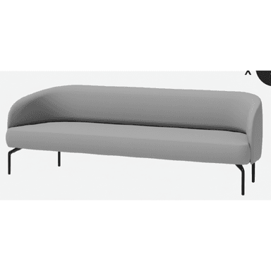 A contemporary sofa featuring a sleek, minimalist design with light gray fabric upholstery. It has an asymmetrical form with a backrest that curves smoothly into an integrated armrest on one side, while the other side is armless. The sofa is supported by slender, angled black metal legs, giving it a modern and airy appearance. — 3D model (AI enhanced source)
