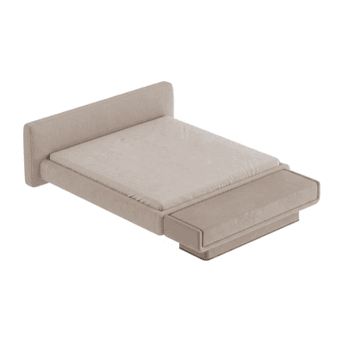 A modern upholstered bed frame with a detached, rectangular headboard and an integrated footboard that extends into a bench-like structure. The bed features a low profile design with clean lines. The upholstery appears to be a textured fabric. — 3D model (AI enhanced source)