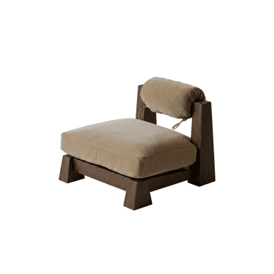 A modern armchair with a robust wooden frame and plush, upholstered cushions. The frame has a dark wood finish and features thick, geometric legs and uprights. The seat cushion is large and rectangular, while the backrest is supported by two wooden uprights and has a separate, cylindrical bolster cushion. A tie strap is visible connecting the bolster to the frame. The overall design suggests a minimalist yet comfortable aesthetic. — 3D model (AI enhanced source)