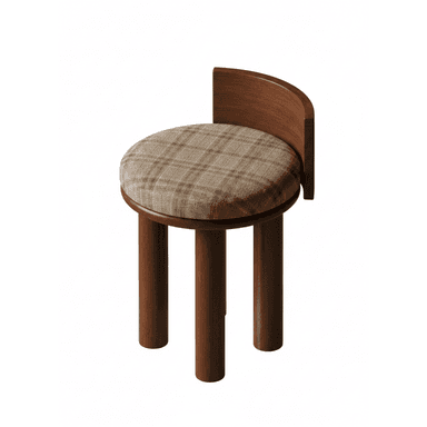 A stool with three cylindrical wooden legs supporting a circular padded seat. A short, curved wooden backrest extends upwards from the rear of the seat. — 3D model (AI enhanced source)