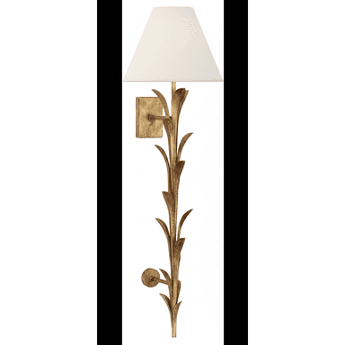A vintage-style wall sconce featuring a gold-finished metal stem designed to resemble a plant stalk with leaves. It is topped with a white conical lampshade. — 3D model (AI enhanced source)