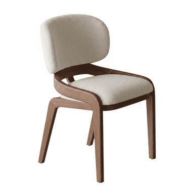 A modern dining chair featuring a gracefully curved wooden frame that elegantly supports both the upholstered seat and backrest. The seat and back are padded and covered in a light beige, textured boucle fabric, offering a soft contrast to the warm brown tone of the wood. The chair's design is sleek and contemporary, with the wooden legs flaring slightly outwards, enhancing its stability and aesthetic appeal. The integrated frame creates a seamless flow from the seat to the back support. — 3D model (AI enhanced source)