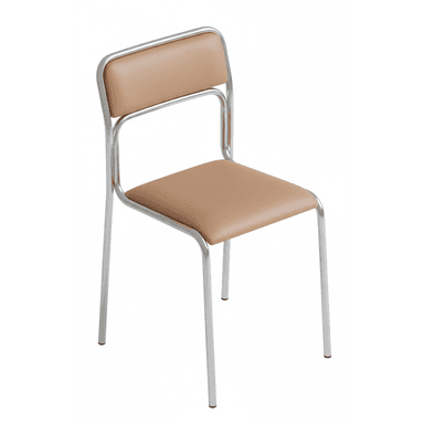 A modern armless chair featuring a polished tubular steel frame and upholstered seat and backrest in a light tan color. The frame forms a continuous loop for the back support and rear legs, with separate front legs. The design is clean and utilitarian. — 3D model (AI enhanced source)