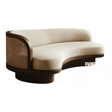 A contemporary curved sofa featuring a dark wood frame, a cane woven panel on one armrest, and light-colored fabric upholstery. — 3D model (AI enhanced source)