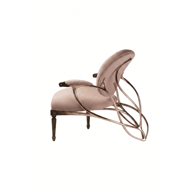 A contemporary lounge armchair featuring a dramatic sculptural frame crafted from gilded metal, supporting a plush, blush pink velvet upholstered seat and backrest. The chair's design combines soft, inviting textures with bold, curvilinear metallic elements, creating a visually striking piece. It rests on four dark, turned wooden legs with subtle metallic caps. — 3D model (AI enhanced source)