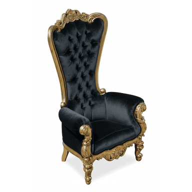 A grand, high-backed armchair featuring deep button tufting in black velvet upholstery, framed by an elaborately carved gold-finished wooden structure. The chair exhibits a dramatic silhouette with rolled armrests and ornate cabriole legs, characteristic of Baroque or Rococo revival styles. — 3D model (AI enhanced source)