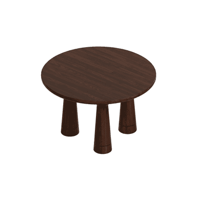 A low-profile round table crafted from dark wood, featuring three thick, cylindrical legs that provide a sturdy base. The legs have a subtle ring detail near their base, adding a touch of refined detailing to the otherwise minimalist design. — 3D model (AI enhanced source)