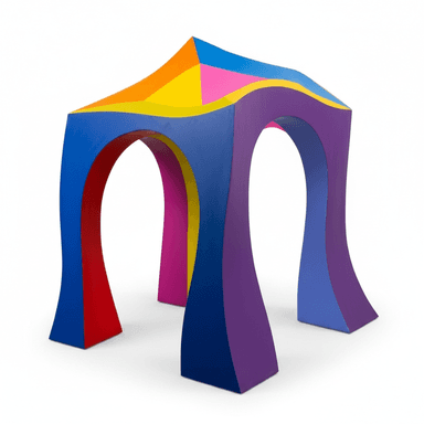 A brightly colored, abstract side table with four arched legs supporting a multi-faceted top. The legs are curved and flare out towards the base, creating an open, airy structure. The top has a complex geometric shape with intersecting planes and curves, painted in a vibrant palette of colors. — 3D model (AI enhanced source)