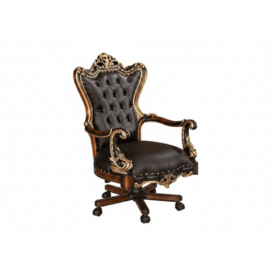 An opulent, high-back executive office chair in a Baroque style, featuring dark brown button-tufted leather upholstery, an intricately carved dark wood frame with extensive gilded gold accents, and a five-star swivel base with casters for mobility. — 3D model (AI enhanced source)