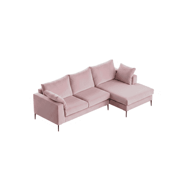 A modern L-shaped sectional sofa upholstered in pink velvet, featuring a chaise lounge extension, low arms, loose back cushions, and black metal tapered legs. — 3D model (AI enhanced source)