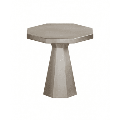 A contemporary octagonal table with a faceted pedestal base, rendered in a uniform grey finish, likely metal or a composite material. — 3D model (AI enhanced source)
