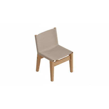 A modern armless chair with a light wooden frame and a beige/taupe sling-style seat and back. The frame is simple, blocky, and geometric, made of light-toned wood. — 3D model (AI enhanced source)