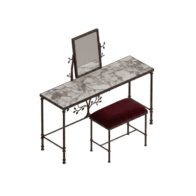 A decorative vanity set consisting of a dressing table with a marble top and a matching upholstered stool, both featuring dark metal frames with botanical scrollwork and an adjustable mirror. — 3D model (AI enhanced source)