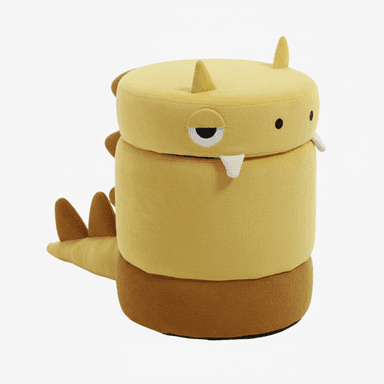 A cylindrical upholstered ottoman designed in the likeness of a dinosaur or monster character. It features a predominantly yellow body with a brown base and includes distinct character elements such as pointed horns, an eye with a drooping lid, fangs, a tail, and dorsal spikes, all rendered in soft fabric. — 3D model (AI enhanced source)