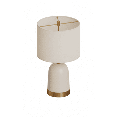 A modern table lamp featuring a bell-shaped base with a textured cream finish, accented by a polished brass band at its bottom. It is topped with a cylindrical fabric lampshade in a matching cream color, supported by a brass harp. — 3D model (AI enhanced source)