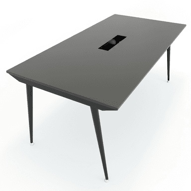 A sleek, contemporary rectangular conference table featuring a dark charcoal gray top and slender, tapered legs. The tabletop includes a central rectangular cutout for cable management or integrated power modules. — 3D model (AI enhanced source)